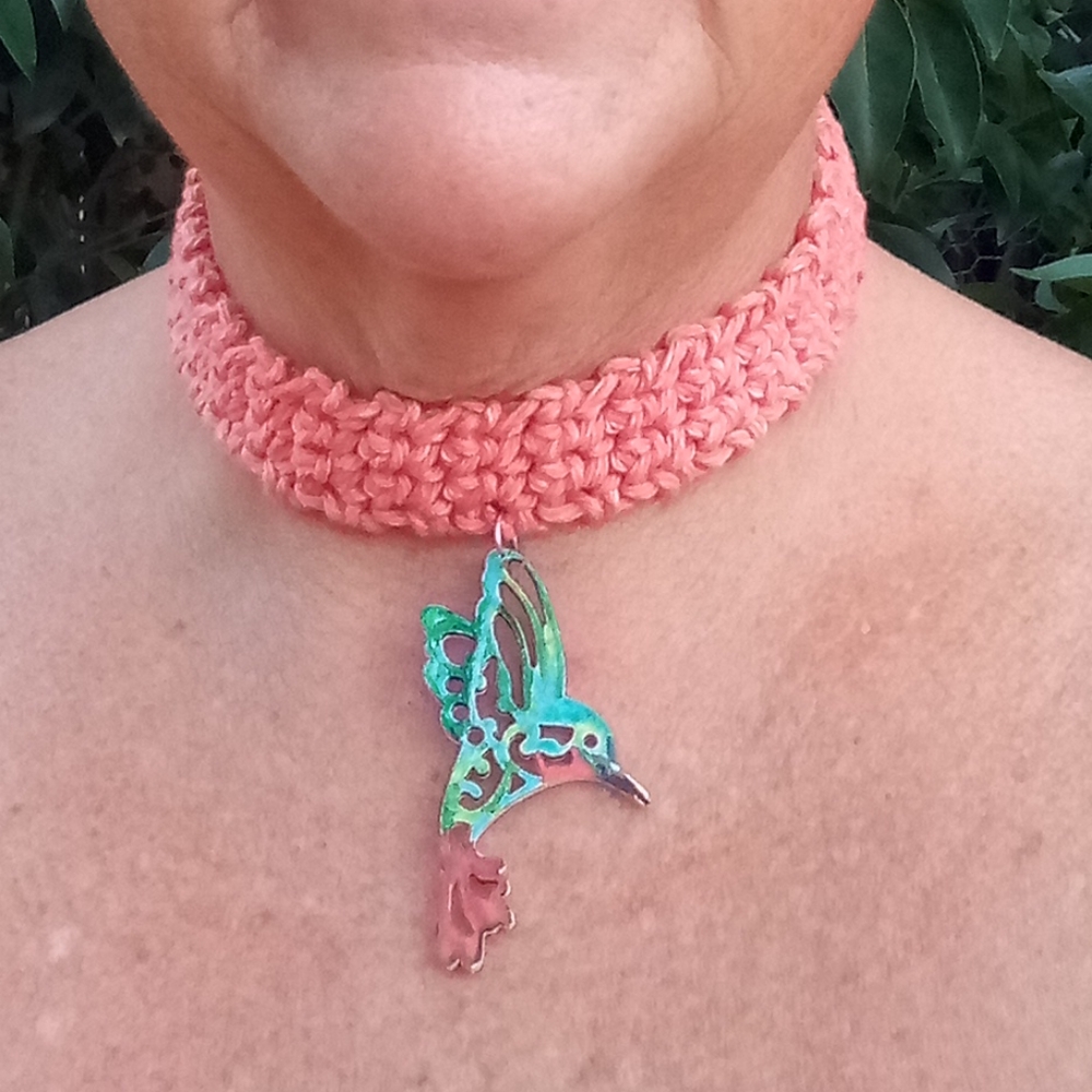 Handcrafted Necklace Coral Crochet Choker Hand Painted Hummingbird Pendant